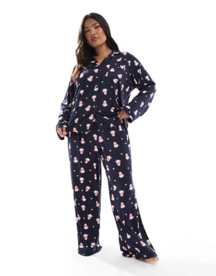 Loungeable Curve - Weihnachten - Sehr weicher Schlafanzug aus Jersey in Marineblau mit Pinguinprint