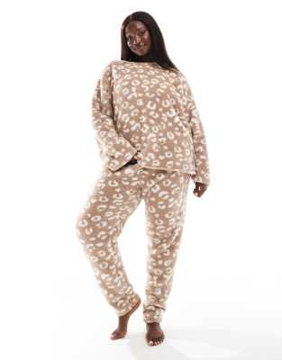 Loungeable Curve - Zweiteiliger, kuscheliger Pyjama aus Teddyfell in Taupe-Brown