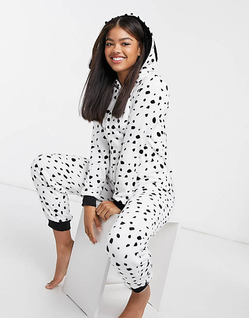 Loungeable dalmation onesie with ears in black and white
