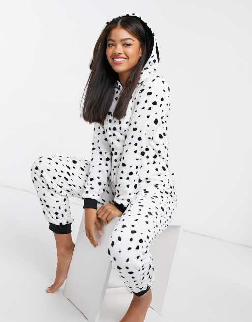 Loungeable dalmation onesie with ears in black and white