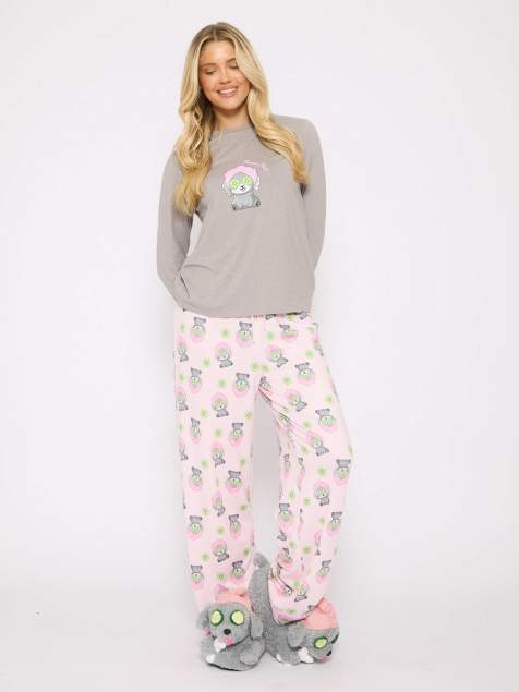 Loungeable – Damen-Pyjama in Grau mit „Pamper Paws"-Print, aus langärmligem Oberteil und Hose - view 1