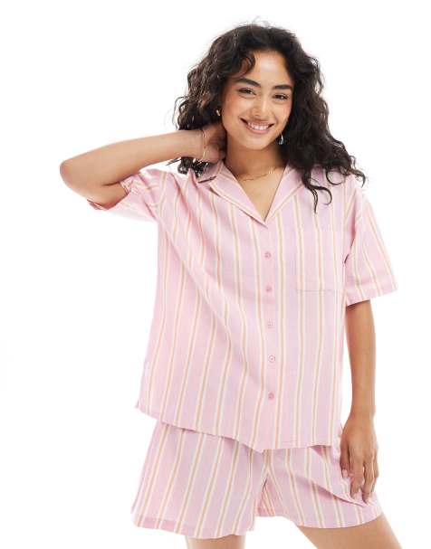 Loungeable - Dames - Geweven traditionele pyjama met korte mouwen en short in roze - view 1