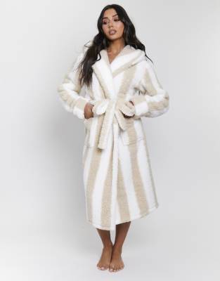 Loungeable - Dicker Mini-Bademantel aus Sherpa-Fleece in Nerzbeige gestreift mit Kapuze-Brown