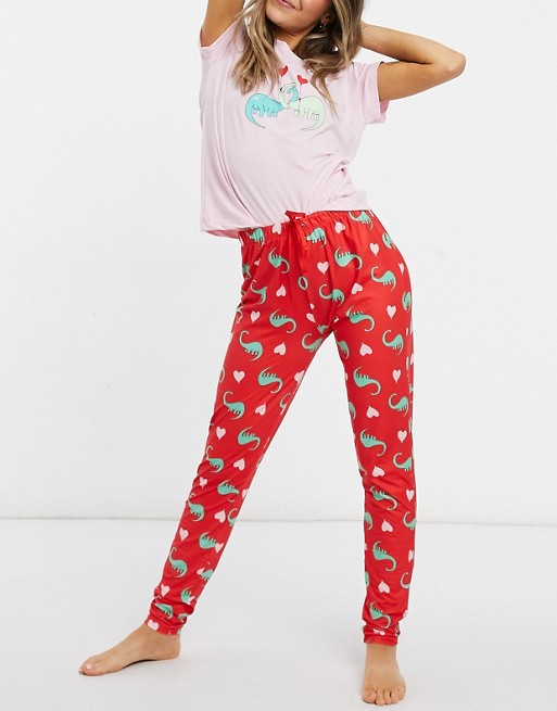 Loungeable valentines Dinosaur t-shirt & leggings pyjama set in pink and red