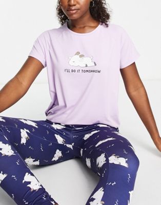 Loungeable do it tomorrow legging pyjama set in lilac and navy - ASOS Price Checker