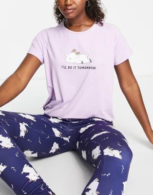 Loungeable do it tomorrow legging pyjama set in lilac and navy