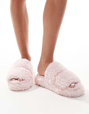 Loungeable Loungeable double strap borg slipper in baby pink