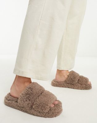 Loungeable double strap borg slipper in brown - ASOS Price Checker