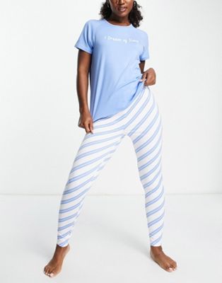 Loungeable dream of sleep long pyjama set in blue and white stripes - ASOS Price Checker