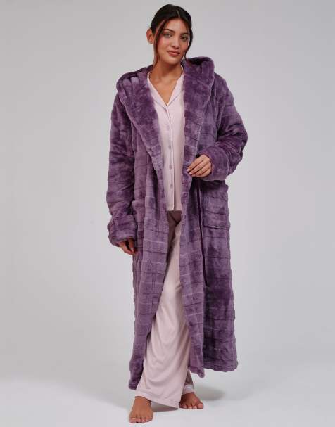 Loungeable Embossed stripe luxury fleece maxi hooded dressing gown in purple - view 1