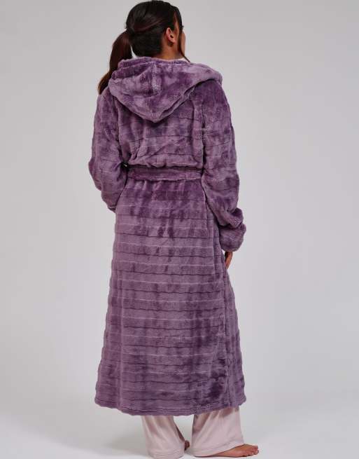 Loungeable Embossed stripe luxury fleece maxi hooded dressing gown in purple, 5 of 5