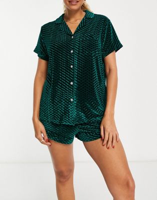 Loungeable embossed velvet embellished button front top and short set in green