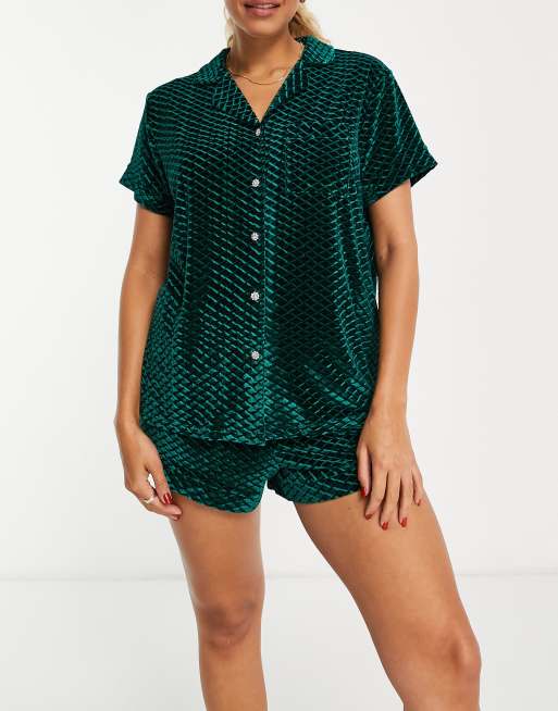 Loungeable embossed velvet embellished button front top and shorts set in green