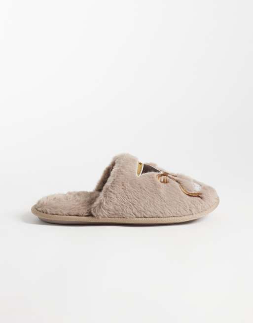 Loungeable embroidered espresso martini bow fluffy slippers in brown, 2 of 4