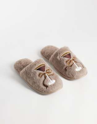 Loungeable Embroidered Espresso Martini Bow Fluffy Slipperss In Brown