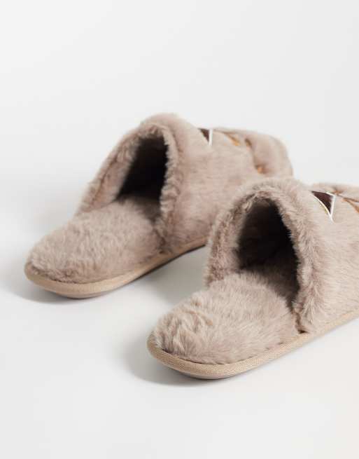 Loungeable embroidered espresso martini bow fluffy slipperss in brown, 4 of 4