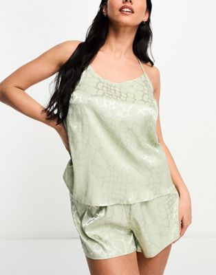 Loungeable satin jacquard strappy back cami and short set in sage green giraffe print - ASOS Price Checker