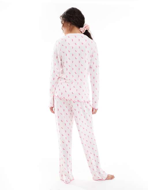Loungeable - Ensemble côtelé effet brossé à motif santiags avec top manches longues et pantalon - Rose, 2 de 4
