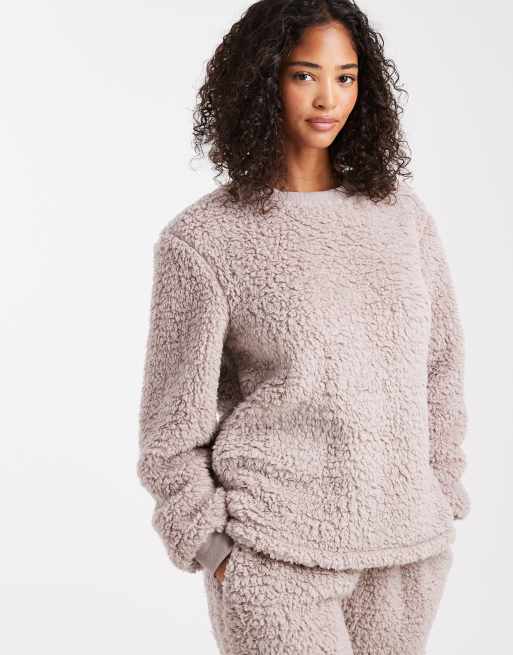Loungeable - Ensemble de nuit confort en sherpa avec pantalon ample et sweat - Vison, 2 de 4