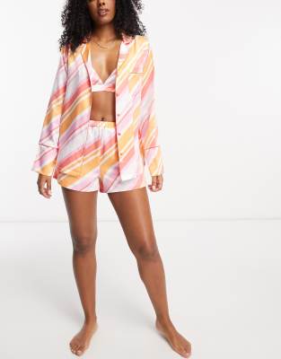 Loungeable - Ensemble de pyjama 3 pièces en satin à rayures multicolores