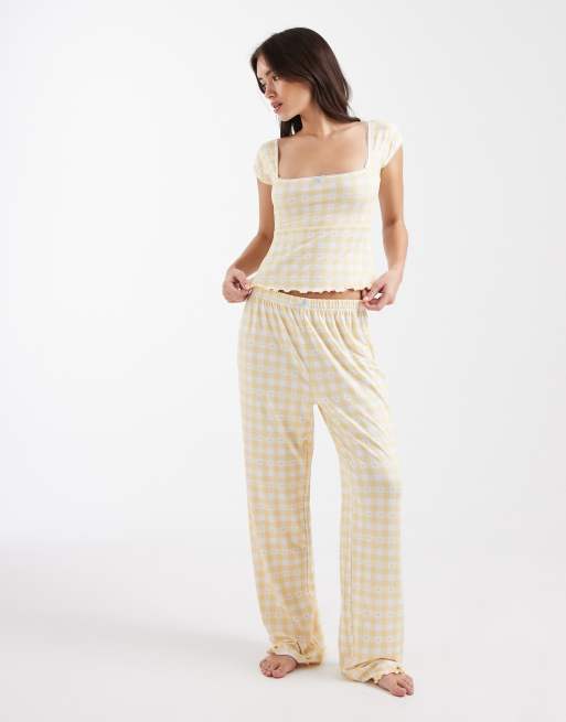 Loungeable - Ensemble de pyjama à carreaux en jersey ultra doux avec pantalon ample et caraco - Jaune beurre, 2 de 4