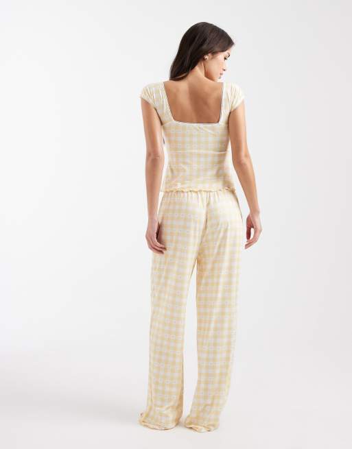 Loungeable - Ensemble de pyjama à carreaux en jersey ultra doux avec pantalon ample et caraco - Jaune beurre, 3 de 4
