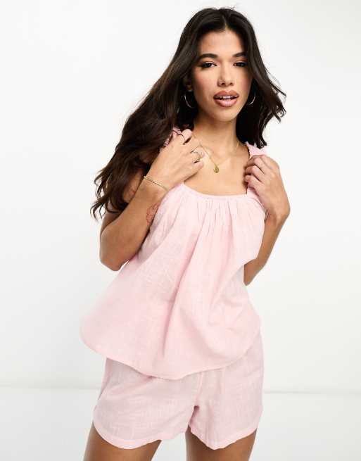 Loungeable Ensemble de pyjama avec short et caraco smocke Rose bebe