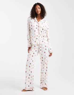 Ensemble de pyjama de Noël avec top à col à revers et pantalon large en jersey ultra-doux avec imprimé pain d'épice - Crème-Blanc 44