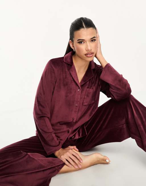 Loungeable Ensemble de pyjama en velours ultra doux avec col revers Bordeaux