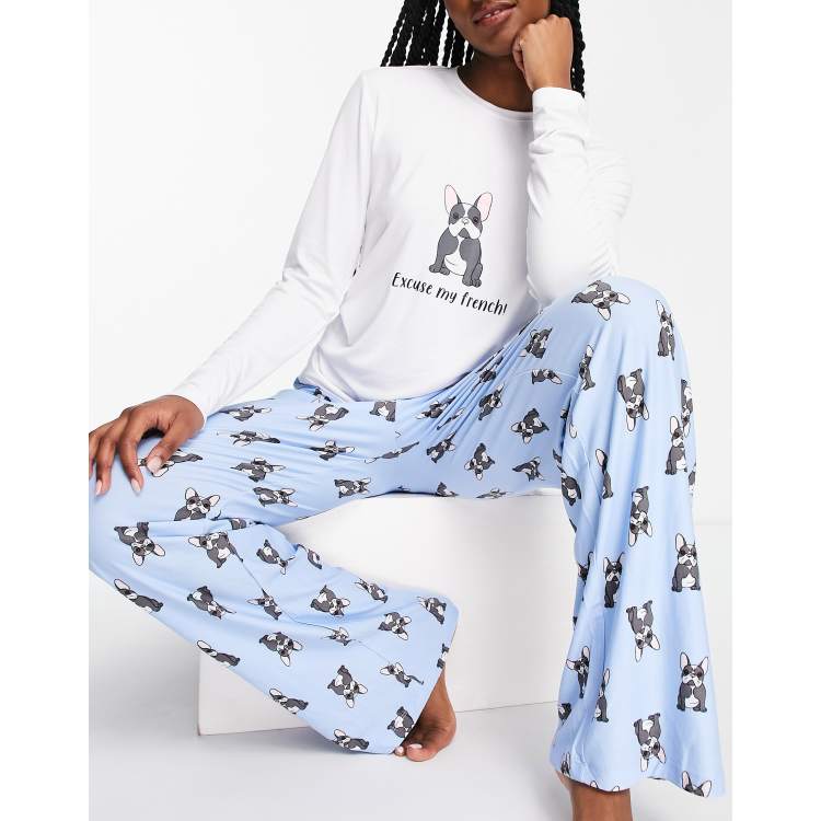 Loungeable Ensemble de pyjama long motif bouledogue fran ais Bleu