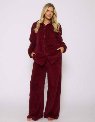 Loungeable - Ensemble surchemise boutonnée et pantalon en maille torsadée - Bordeaux-Rouge