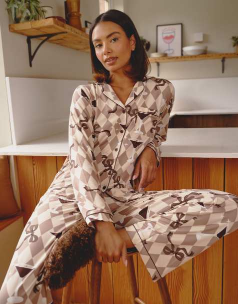 Loungeable Espresso martini ls button down trad pyjama set in brown - view 1