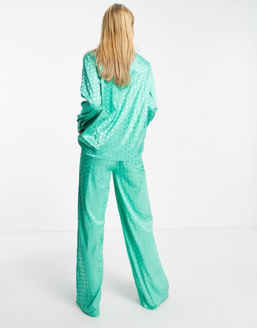 Loungeable Exclusive satin jacquard spot pajama set in teal