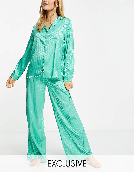 Loungeable Exclusive satin jacquard spot pyjama set teal