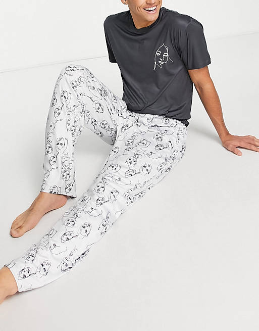 Loungeable face print long pyjama set in black and white