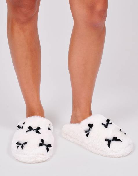 Loungeable Faux fur velvet bow slipper in monochrome - view 1