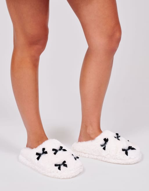 Loungeable Faux fur velvet bow slipper in monochrome, 2 of 7