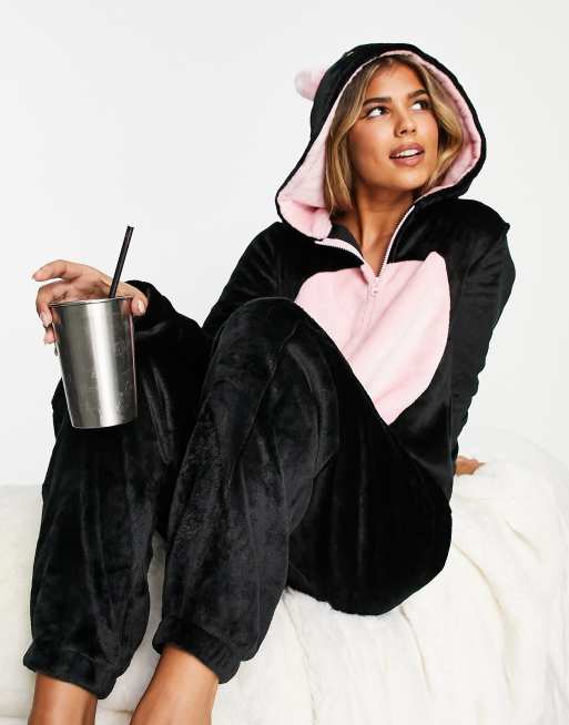 Loungeable fleece cat all-in-one in black