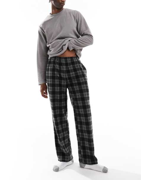 Loungeable fleece check pants pyjama set in grey - view 1