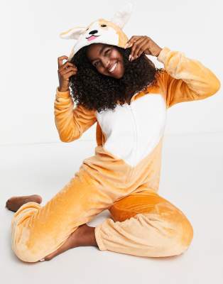 Loungeable Fleece Corgi Onesie In Ginger-orange