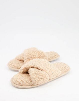 Loungeable fleece cross over slippers in biscuit-Neutral