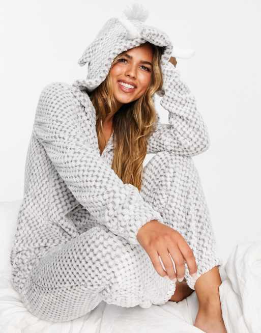 Loungeable fleece elephant all in one in grey waffle