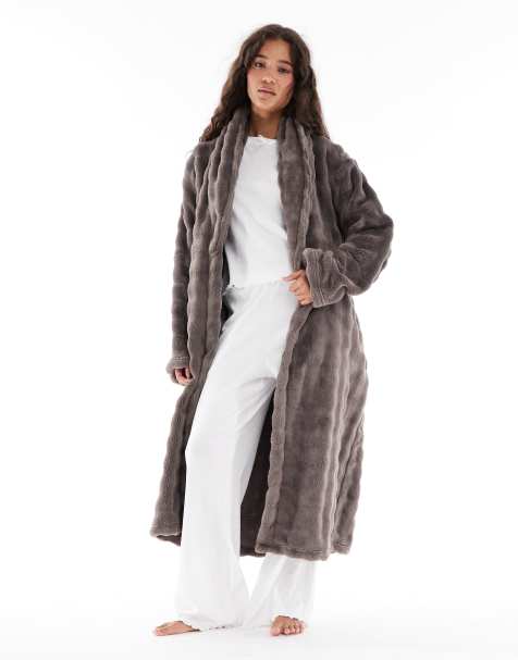 Loungeable Fleece fleece shawl collar midi robe in mocha - view 1