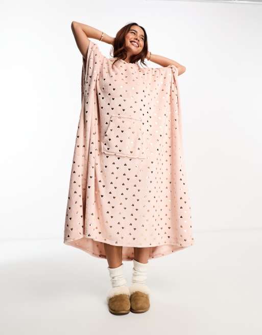 Loungeable fleece heart foil print snuggle hoodie in pink