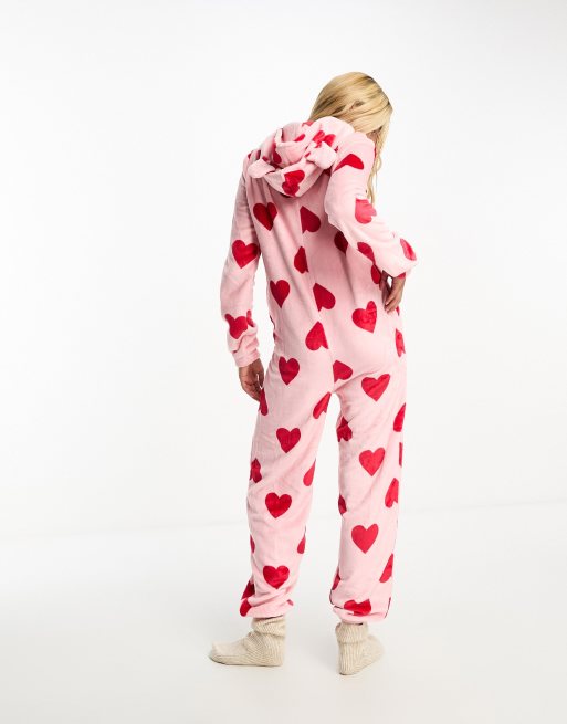 Loungeable fleece heart print all in one in light pink