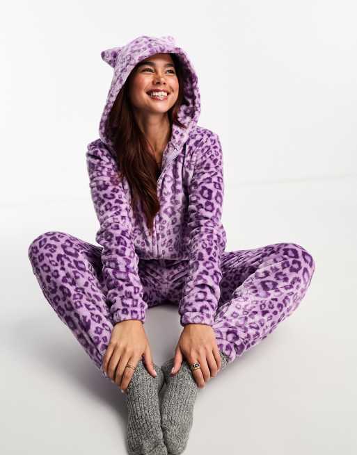 Loungeable fleece leopard print all in one in purple | ASOS