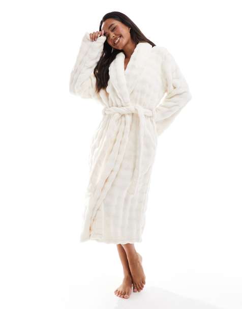 Loungeable – Fleece-Morgenmantel in Creme mit Schalkragen und Blasenstruktur - view 1