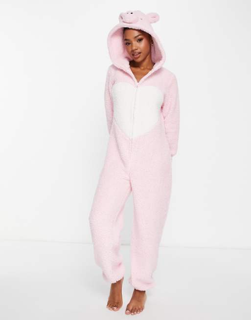 Loungeable fleece pig all in one in pink ASOS