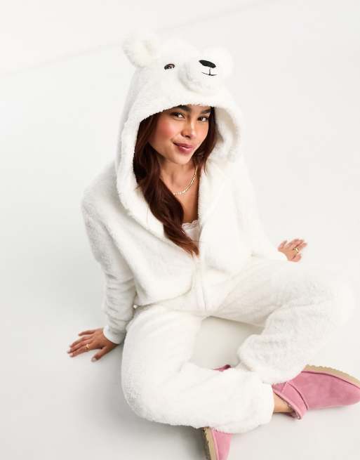 Cute Bear Print Zip Front Hooded Fluffy Adult Onesie