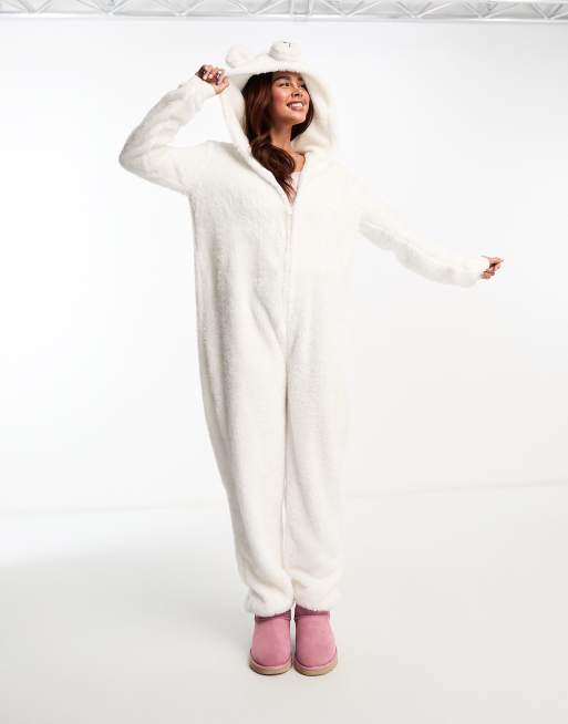 Loungeable fleece polar bear all in one in white